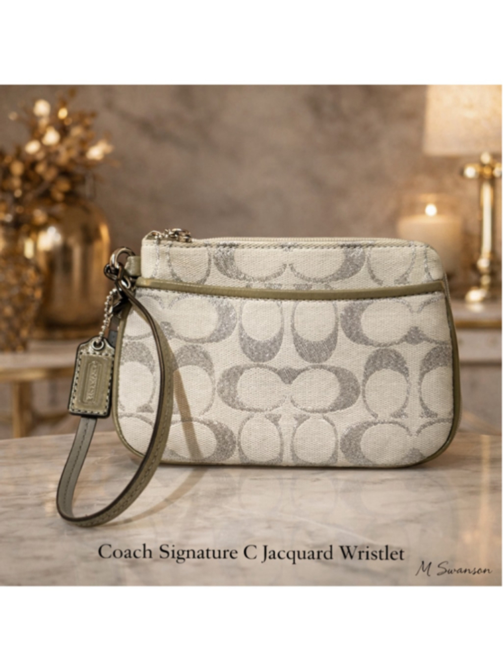 Coach Signature C Jacquard Kyra Wristlet Chalk Silver NWOT